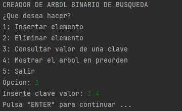 Menú de un programa creado en Java llamado CREADOR DE ARBOL BINARIO DE BUSQUEDA