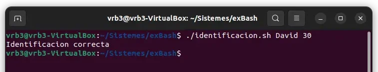 terminal de Ubuntu después de ejecutar un programa con nombre identificacion.sh donde se usan condiciones múltiples en bash